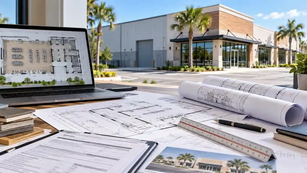 Florida change of use permit plans showing commercial building conversion and architectural drawings