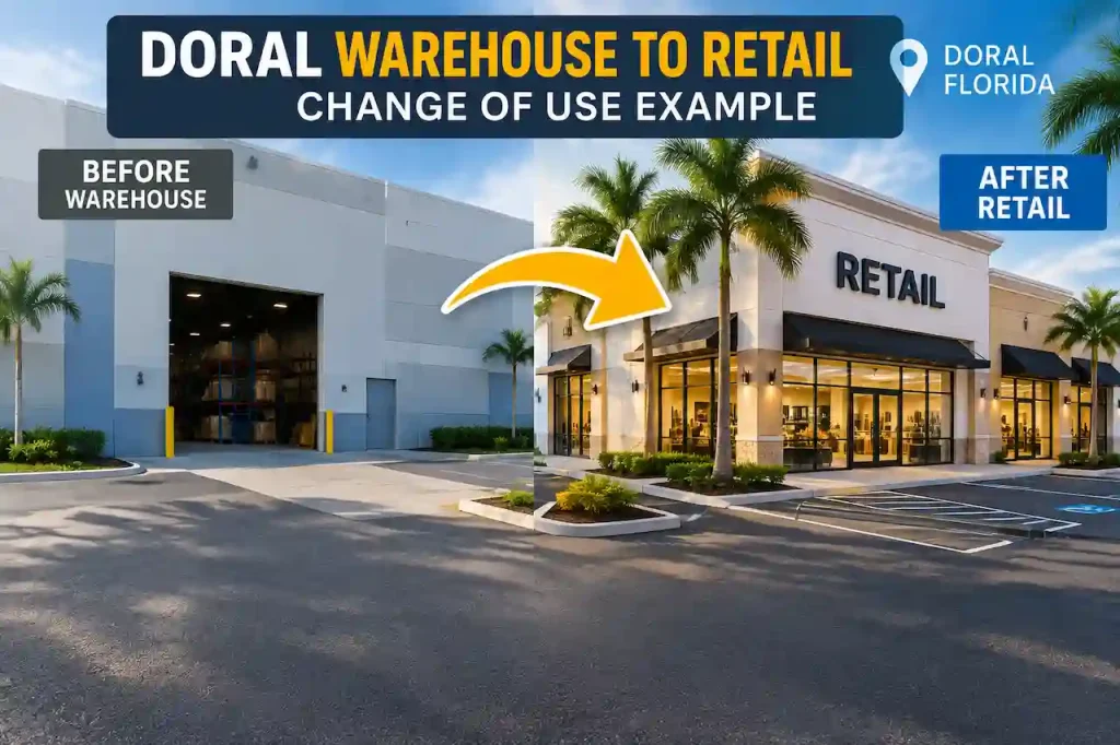 Doral Florida warehouse to retail conversion showing commercial change of use permit example