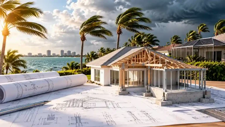 Florida wind design for permit drawings showing hurricane resistant roof framing and structural foundations.