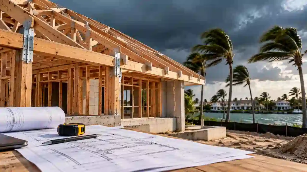 Florida wind uplift structural design showing roof connections, hurricane straps, and foundation support for permit drawings