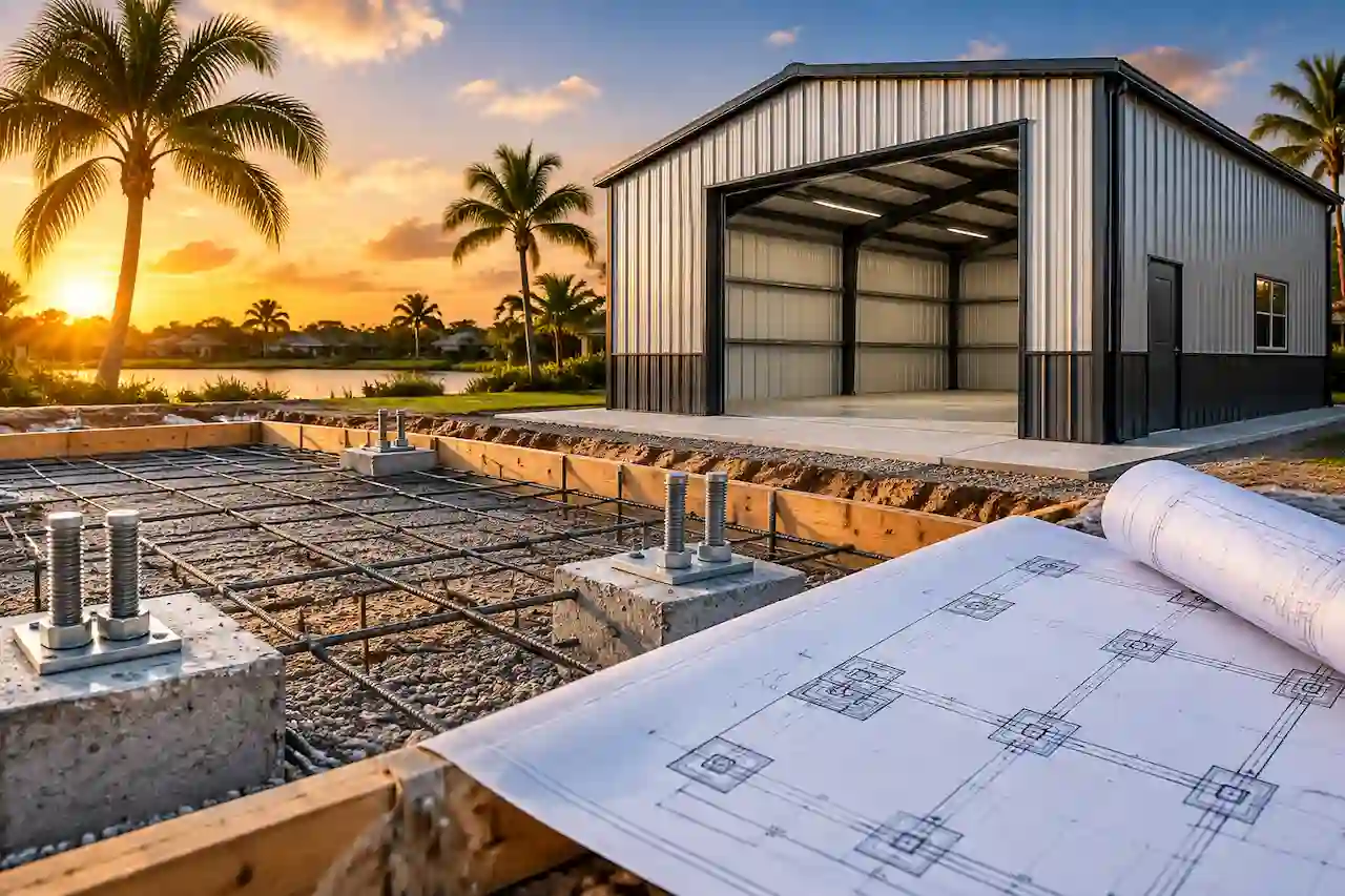 Florida foundation plans for metal buildings showing concrete footings, anchor bolts, and permit drawings