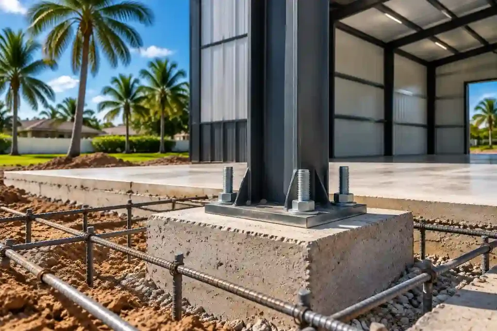Metal building foundation with anchor bolts and concrete footing for Florida foundation plans