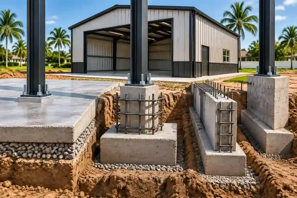 Types of foundations for Florida metal buildings showing slab, footings, grade beams, and concrete supports