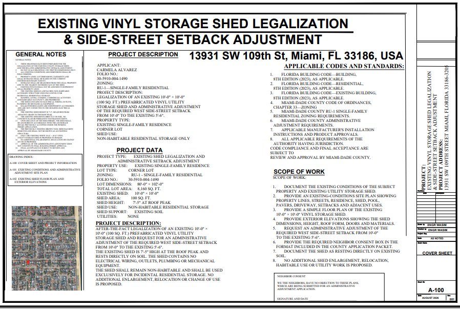 After-the-Fact Shed Legalization & Side-Street Setback Adjustment in Miami, Florida