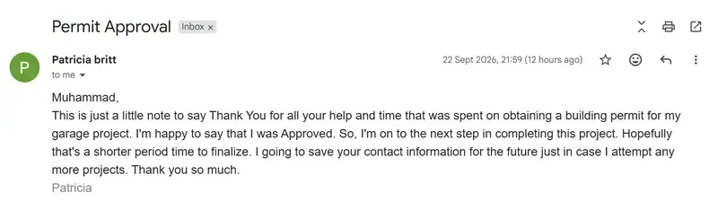 Email from Patricia Britt confirming approval of her garage building permit and thanking the project team for assistance.