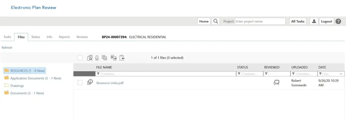 Seminole County ePlan Files tab showing project document folders and a Resource Links PDF.