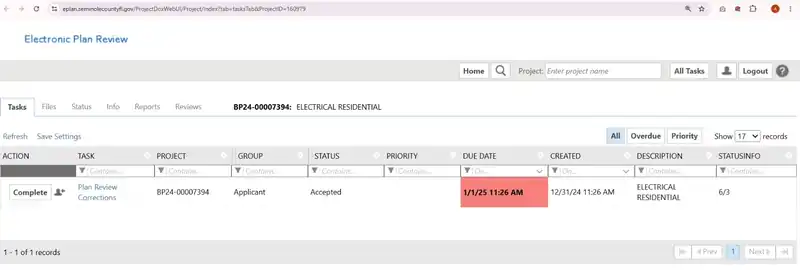 Seminole County ePlan ProjectDox Tasks tab showing a Plan Review Corrections task and applicant status.