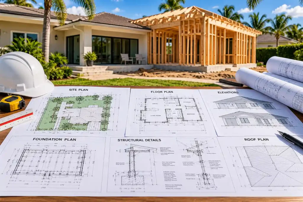 Florida home addition permit drawings showing site plan, floor plan, building elevations, foundation details, structural plans, and roof layout beside a residential extension under construction.