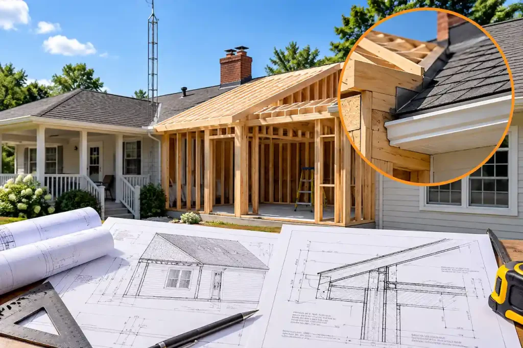 Residential home addition showing new roof framing connected to an existing shingle roof, with a close-up of roof tie-in details and architectural permit drawings.