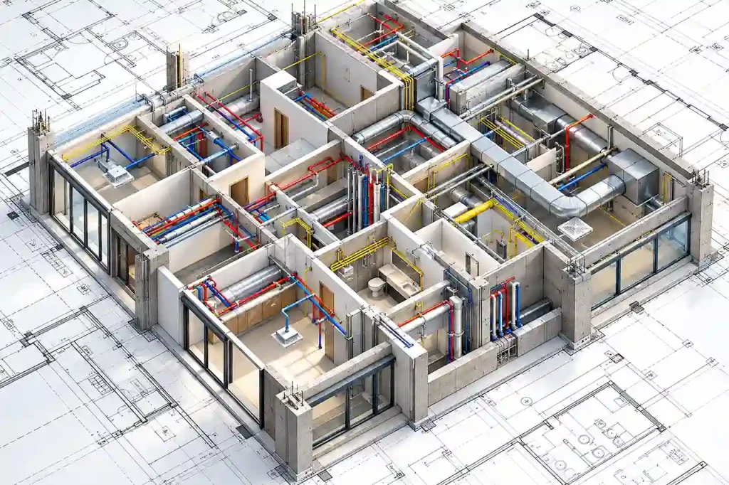3D MEP coordination drawing showing mechanical ductwork, electrical conduits, and plumbing pipes integrated with architectural layouts and structural building elements.