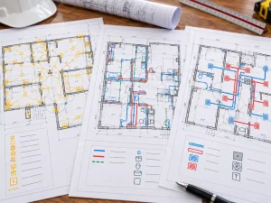 Detailed MEP permit drawings showing electrical wiring layouts, plumbing pipe connections, and HVAC ductwork plans for Florida residential building permits.