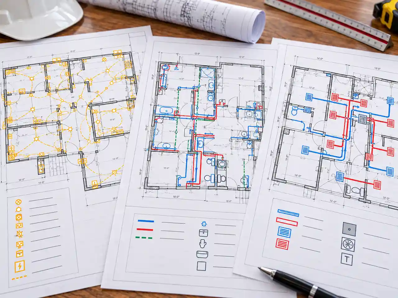 Detailed MEP permit drawings showing electrical wiring layouts, plumbing pipe connections, and HVAC ductwork plans for Florida residential building permits.