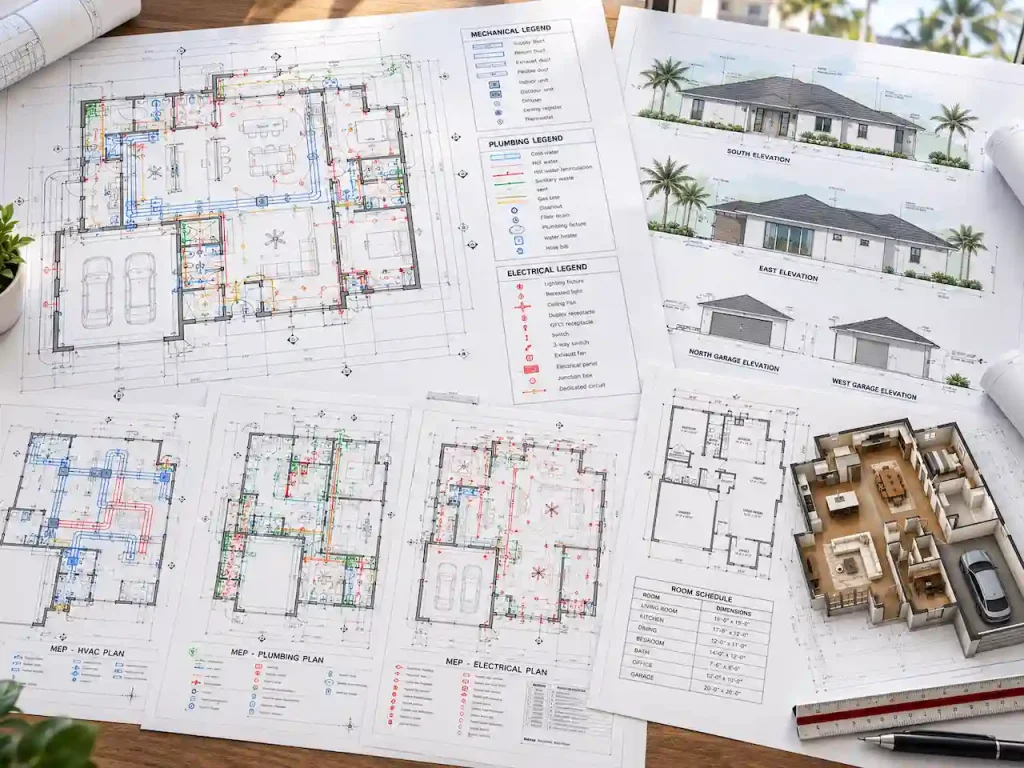 Florida MEP permit drawing set showing electrical, plumbing, and mechanical plans with legends, residential floor plan layout, building elevations, and a 3D home design view.