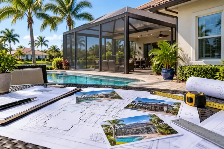 Completed screened pool enclosure at a Florida home with architectural site plans and construction drawings for an after-the-fact building permit.