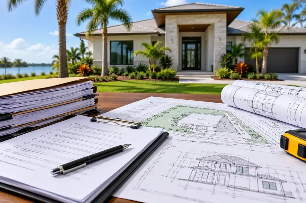 After-the-fact permit documents, architectural drawings, site plans, and permit application paperwork for an existing Florida home.