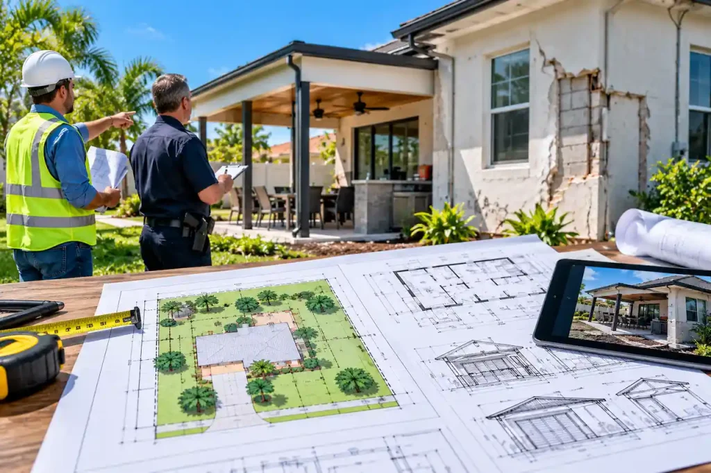 Building inspector and construction professional reviewing a Florida home with exterior wall damage, architectural plans, and site drawings for code violation compliance.