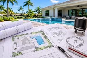 Florida professional engineer stamp on architectural permit drawings and residential site plans, illustrating PE seal requirements for Florida building permits.
