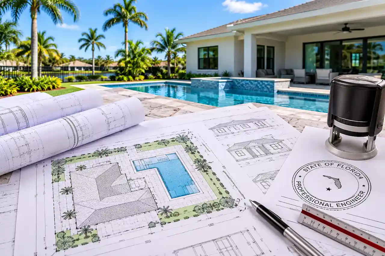 Florida professional engineer stamp on architectural permit drawings and residential site plans, illustrating PE seal requirements for Florida building permits.