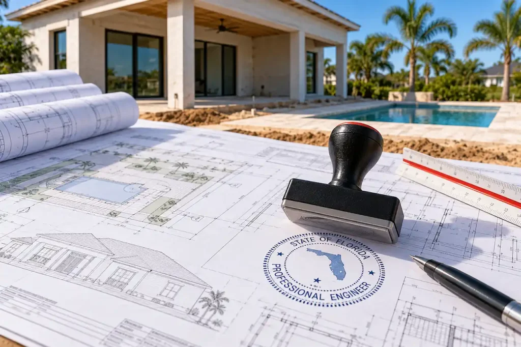Florida Professional Engineer (PE) stamp on architectural and structural drawings prepared for residential building permit applications.