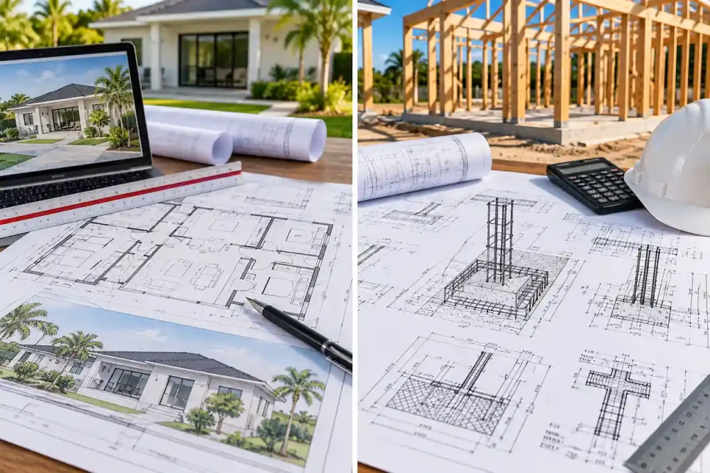 Comparison of architectural drafting floor plans and structural engineering drawings showing foundation details, building framing, and residential construction in Florida.