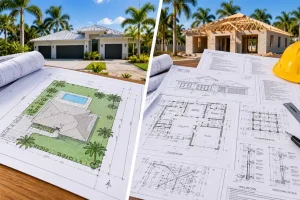 Comparison of a Florida residential site plan and full permit drawing set showing property layout, floor plans, elevations, foundation plans, and structural details.