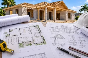 Florida home addition project showing new room construction, exposed wooden framing, architectural floor plans, and residential permit drawings.