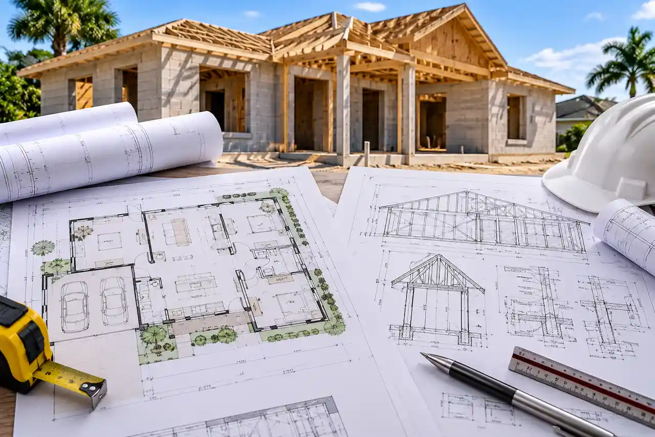 Florida home addition project showing new room construction, exposed wooden framing, architectural floor plans, and residential permit drawings.